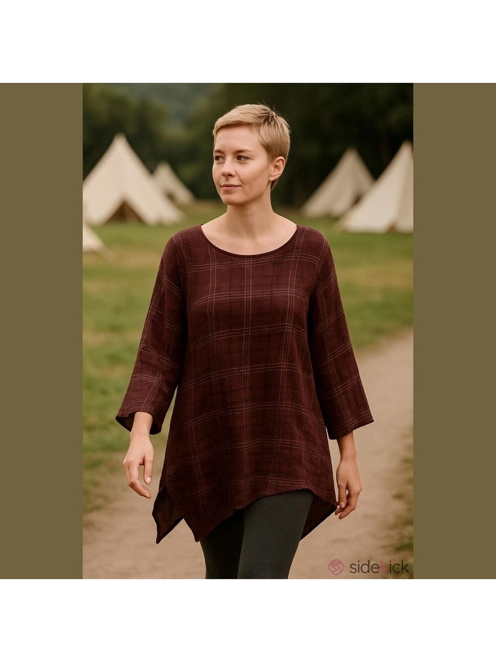 ZANZEA COTTON CREPE BURGUNDY WINDOW PANE PLAID SCOOP NECK 3/4 SLEEVE TUNIC TOP M